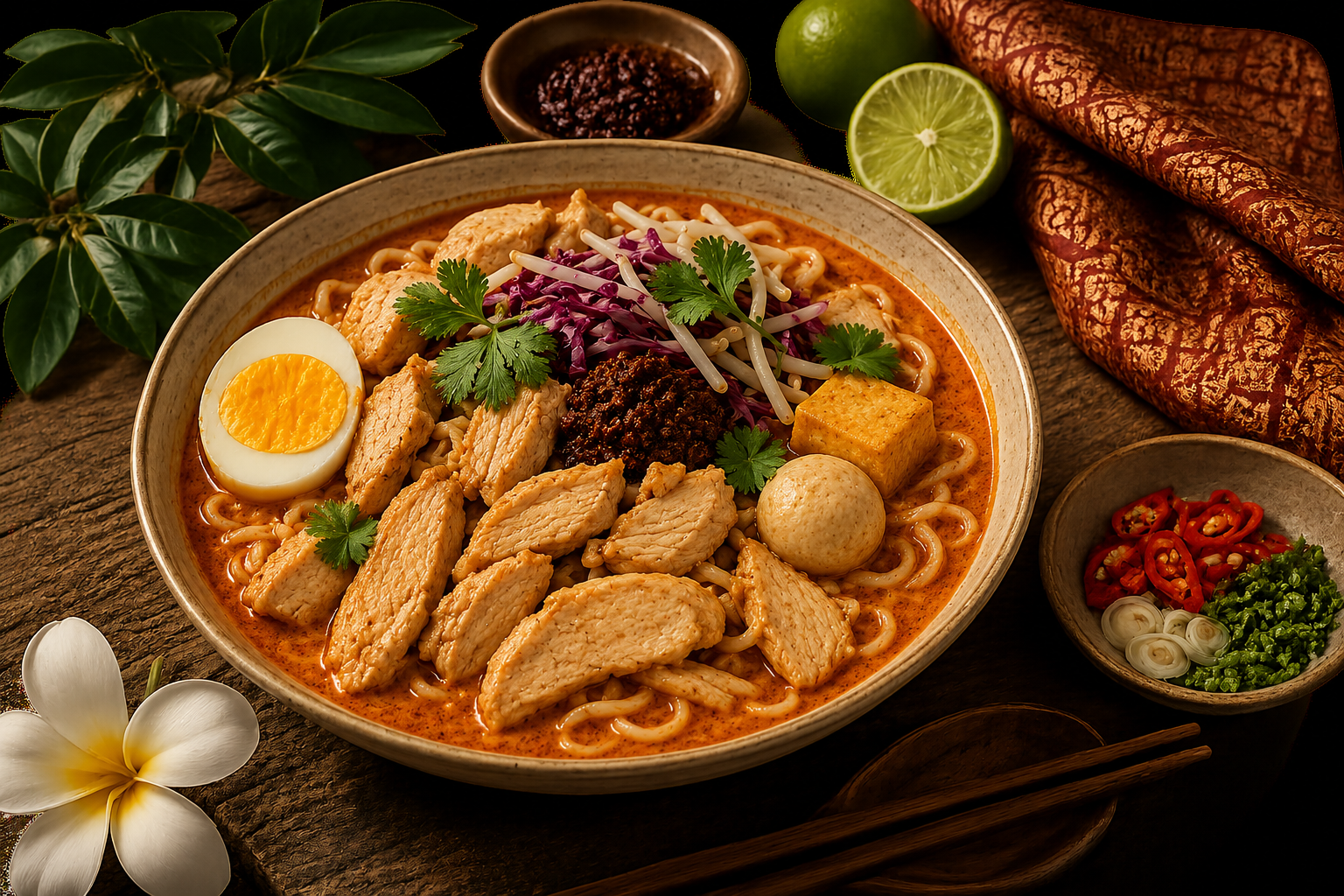 Kay’s chicken laksa with egg noodles, tofu, fish balls, cabbage, coriander and lime