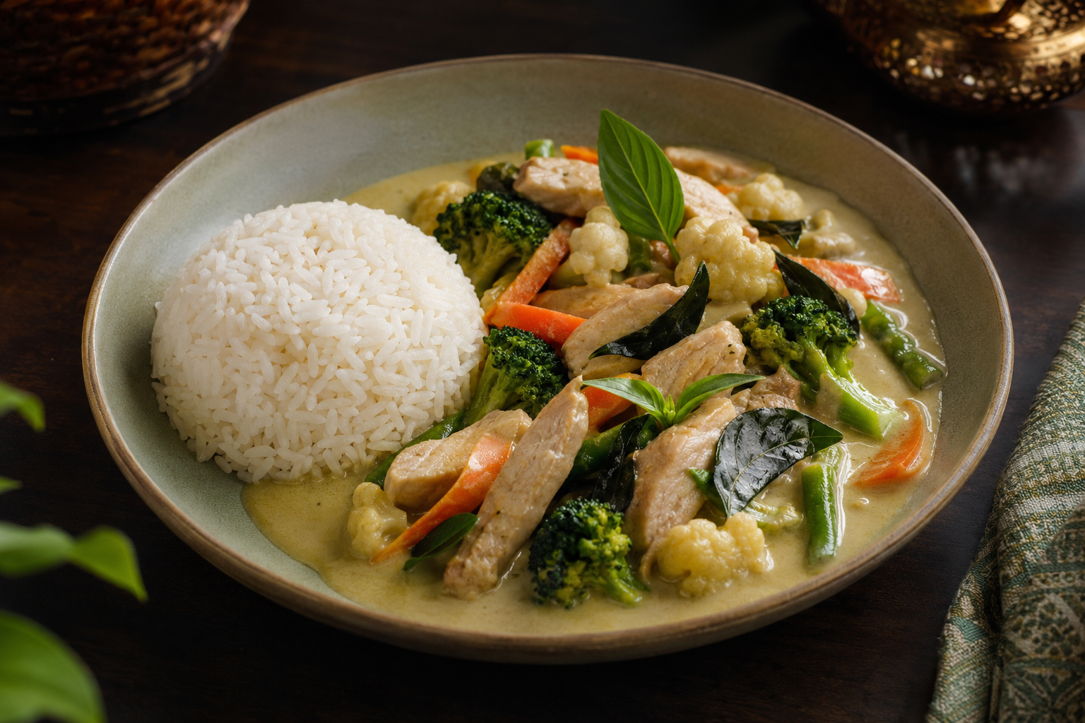 Kay’s Thai green curry with jasmine rice, broccoli, cauliflower, carrots and beans